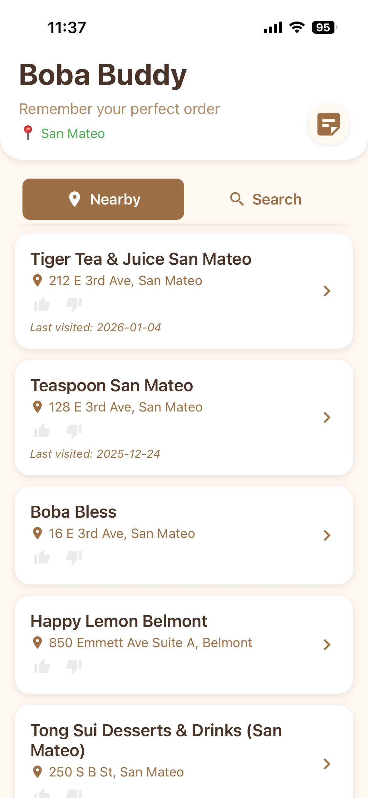 Nearby shops list with cards for each boba location