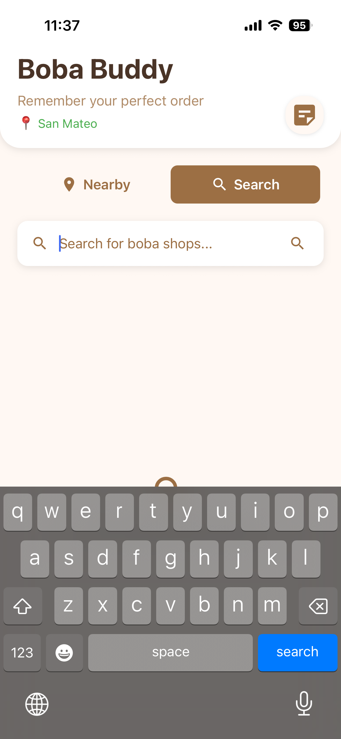 Search tab with search field and on-screen keyboard