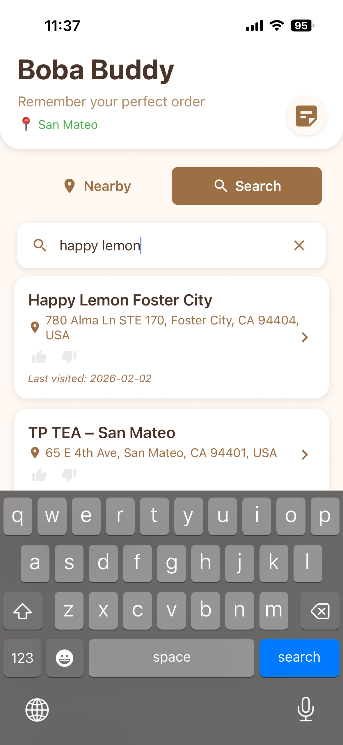 Search results for a shop name with result cards