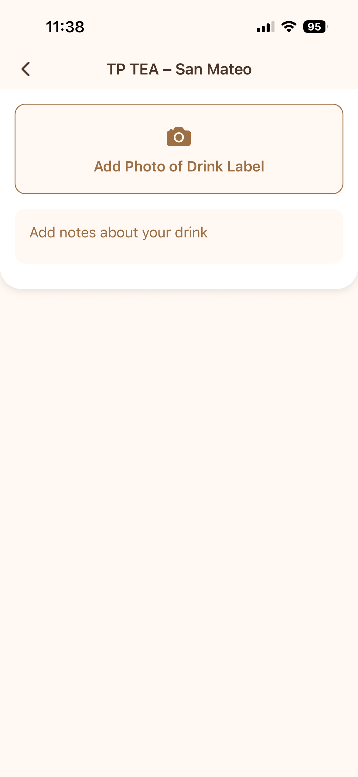 Shop screen to add a drink label photo and notes