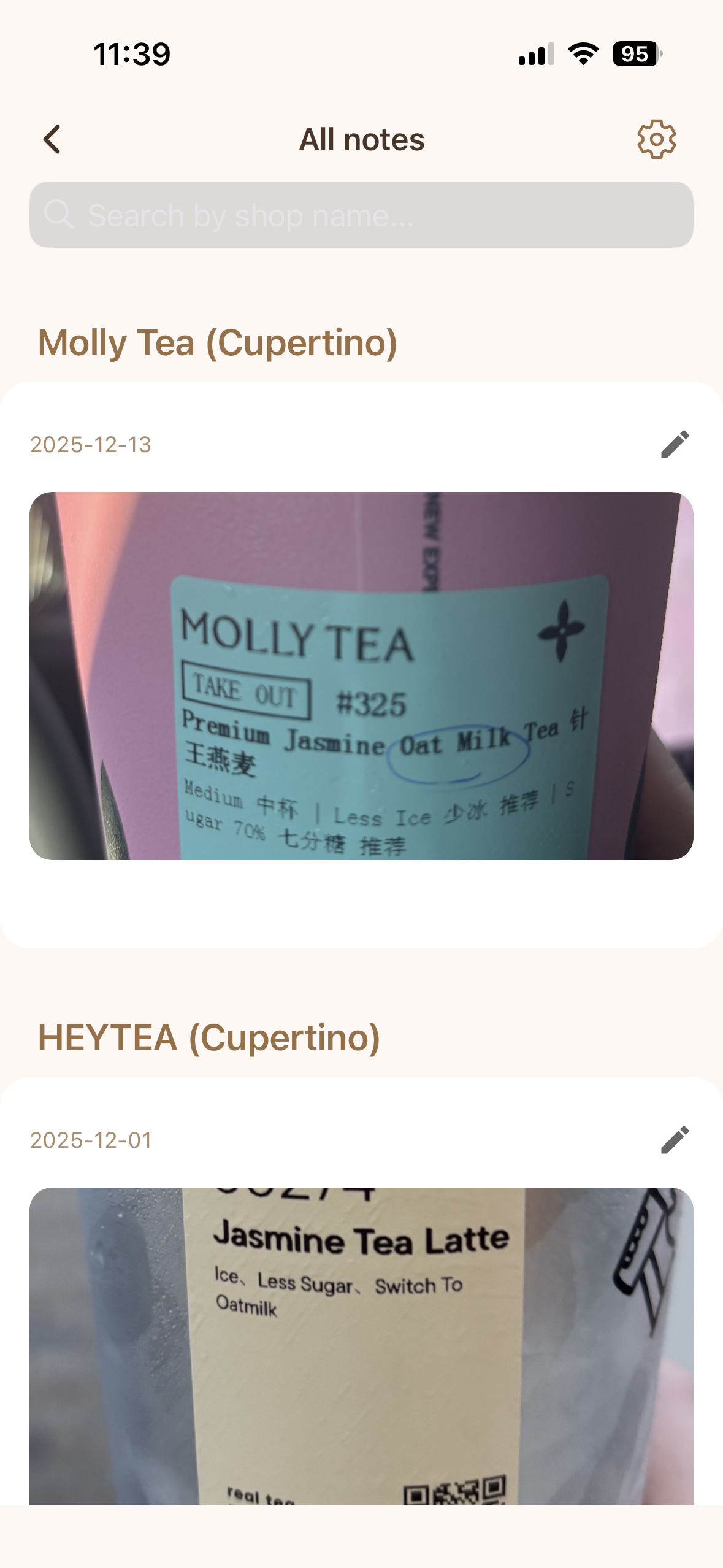 All notes list grouped by shop with drink label thumbnails